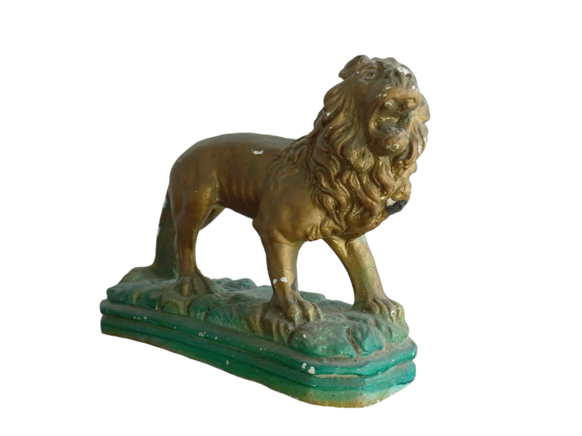 Naïve Painted Plaster Lion Painted Gold with a Green Base