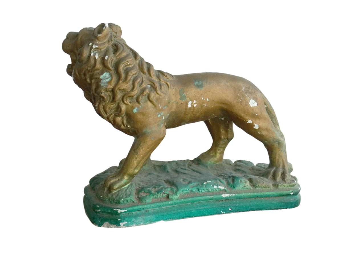 Naïve Painted Plaster Lion Painted Gold with a Green Base