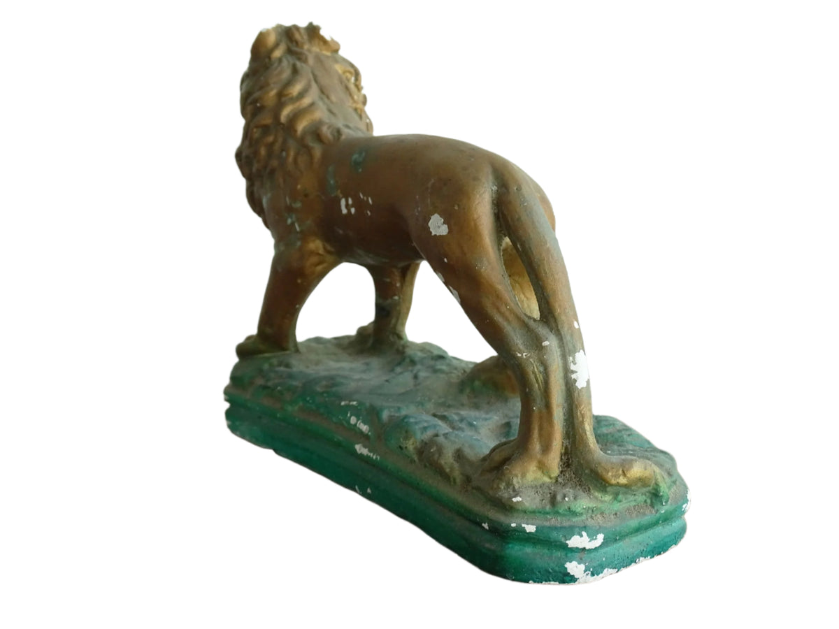 Naïve Painted Plaster Lion Painted Gold with a Green Base