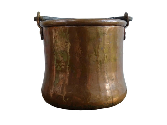 Small Antique Copper Cauldron or Cooking Pot with Wrought Iron Handle