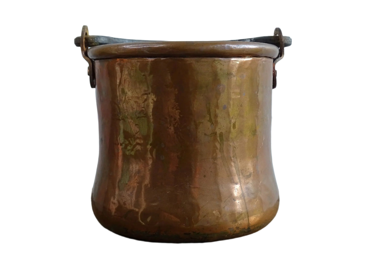 Small Antique Copper Cauldron or Cooking Pot with Wrought Iron Handle