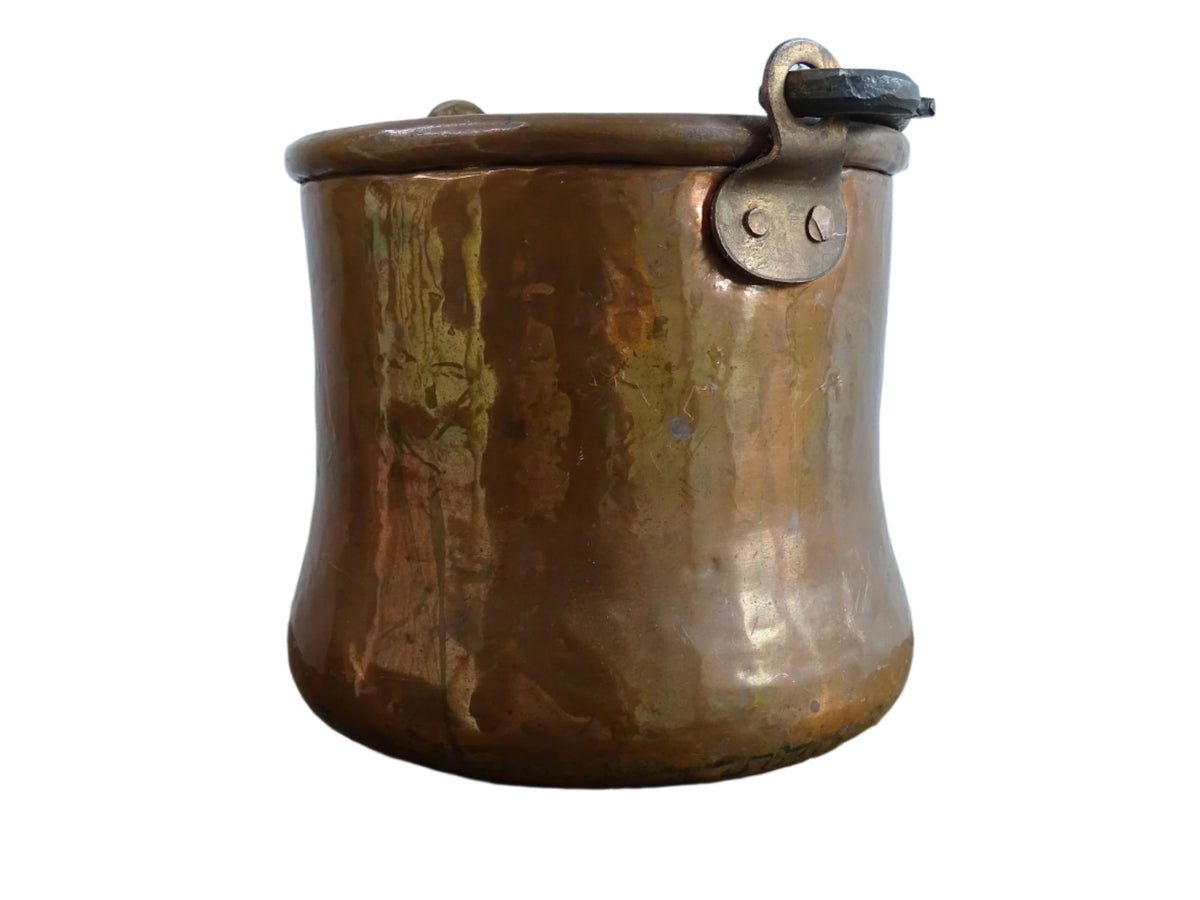 Small Antique Copper Cauldron or Cooking Pot with Wrought Iron Handle