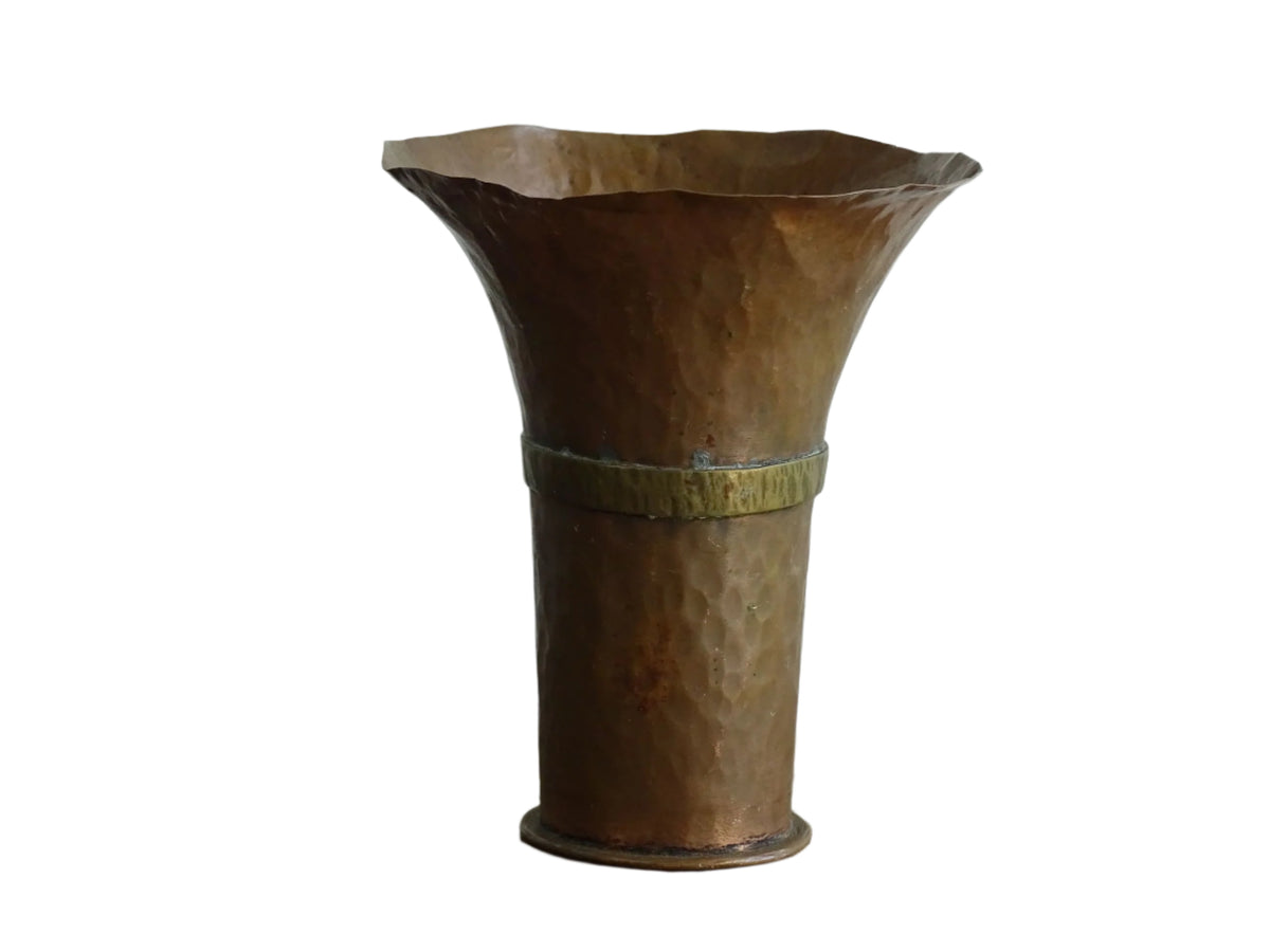 Vintage French Hammered Copper Vase with Brass Band