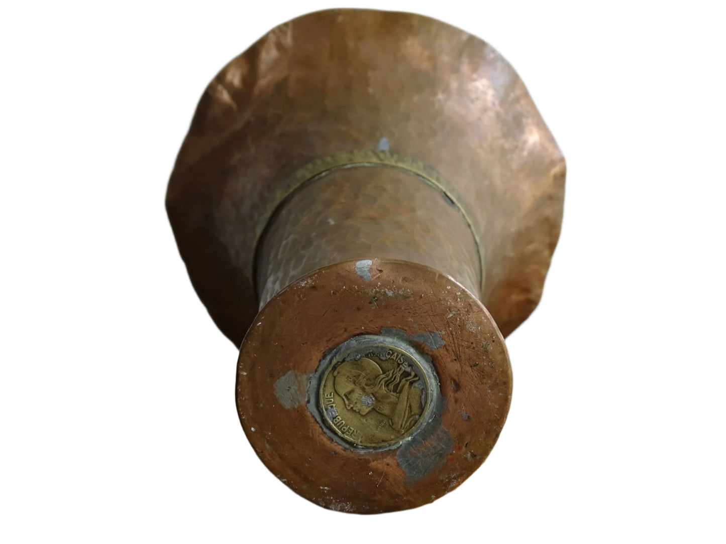 Vintage French Hammered Copper Vase with Brass Band