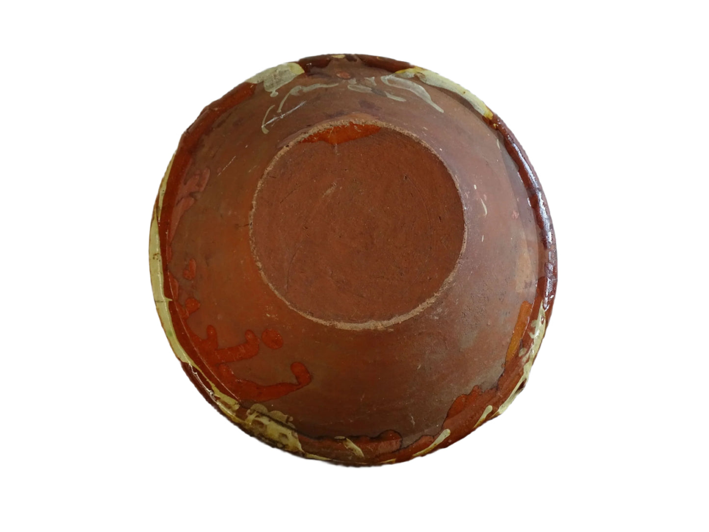 Spanish antique terracotta bowl or basin with a brown and yellow glaze to the interior. This pottery bowl has a timeworn patina.