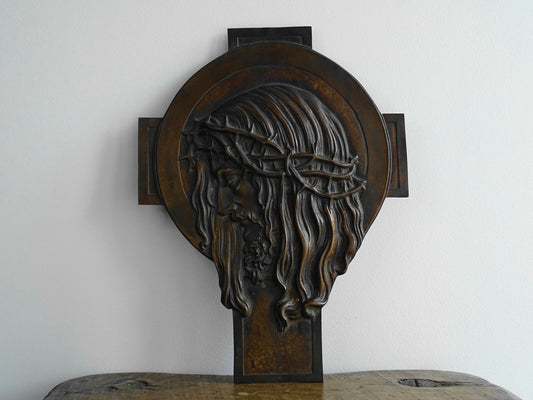 Vintage bronze relief plaque depicting Christ with the crown of thorns
