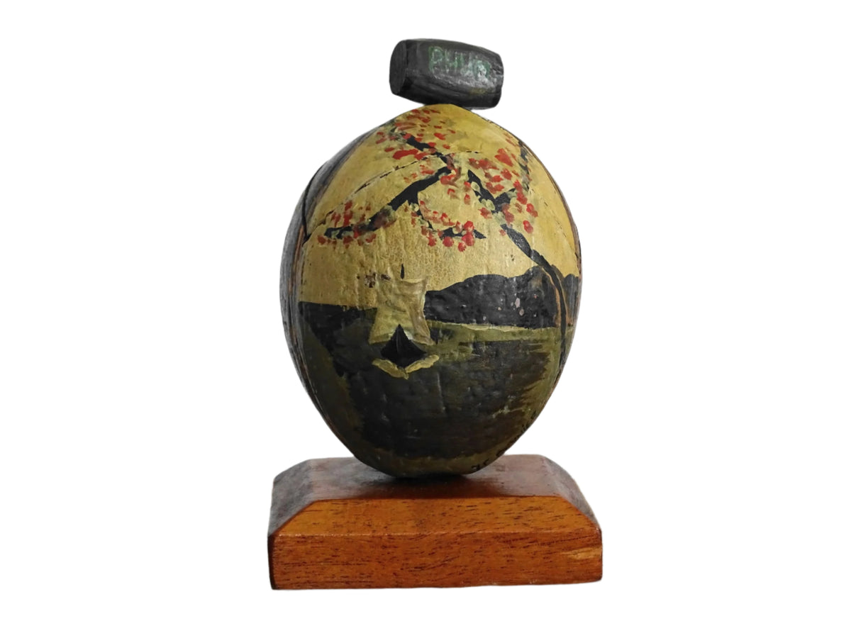 Vintage Coconut Souvenir Trinket Box with a Painted Beach Scene
