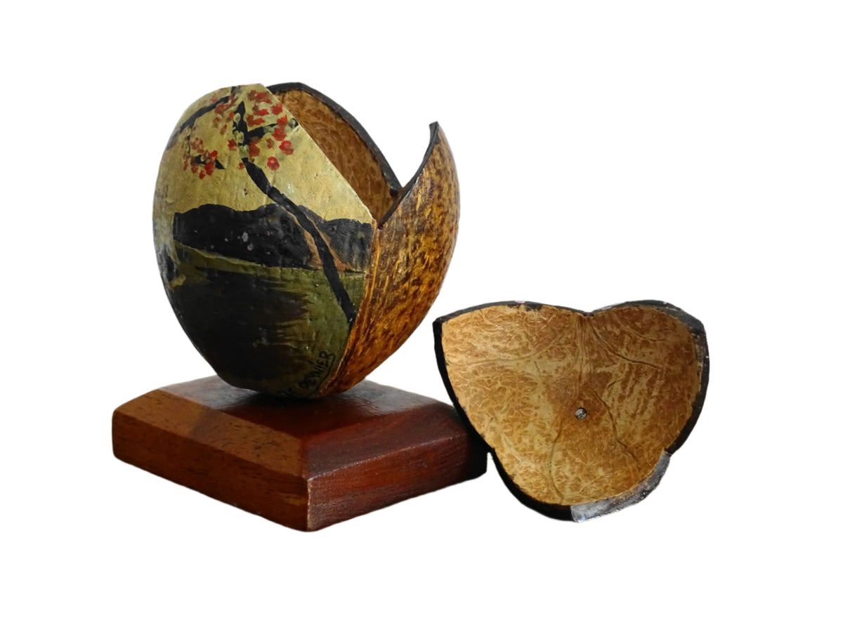 Vintage Coconut Souvenir Trinket Box with a Painted Beach Scene