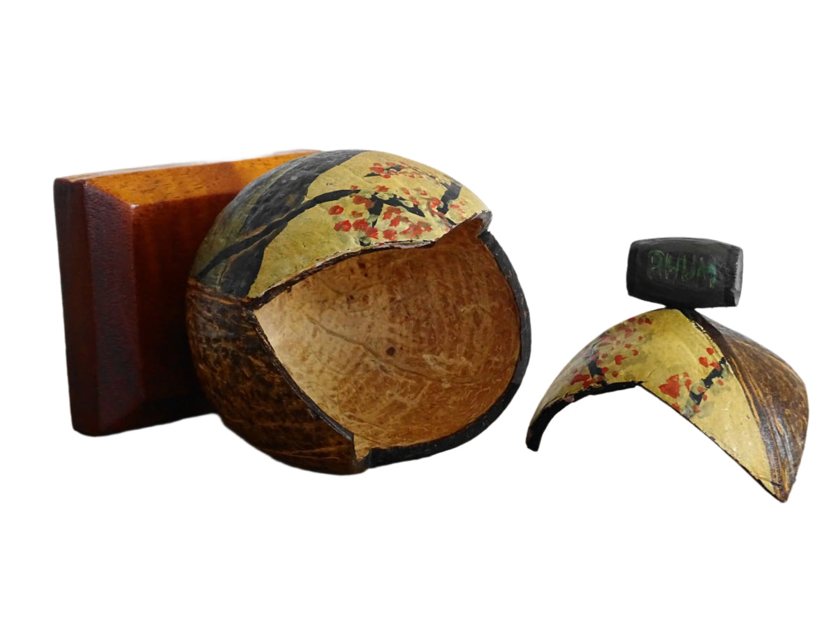 Vintage Coconut Souvenir Trinket Box with a Painted Beach Scene