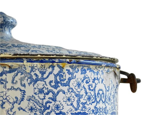 Vintage French Blue and White Enamel Bucket with Lid