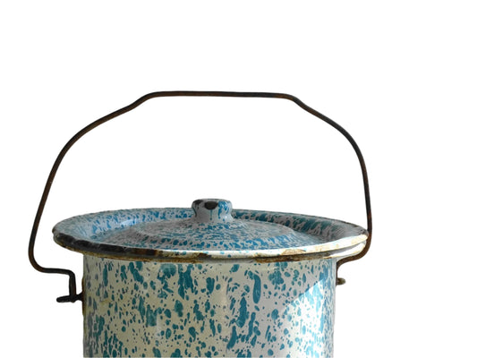 Vintage French Enamel Lidded Bucket with Blue Splash Design
