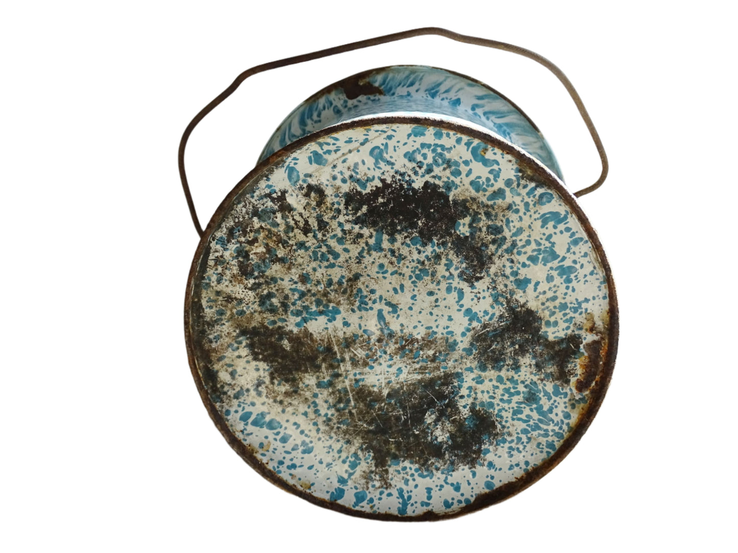 Vintage French Enamel Lidded Bucket with Blue Splash Design