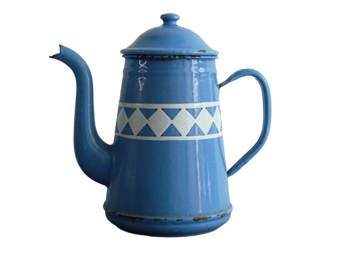 Vintage French Blue and White Enamel Teapot with Diamond Pattern Band