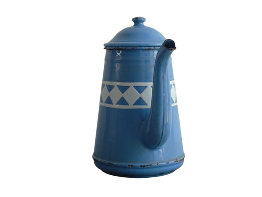 Vintage French Blue and White Enamel Teapot with Diamond Pattern Band