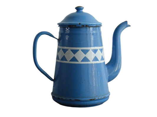 Vintage French Blue and White Enamel Teapot with Diamond Pattern Band