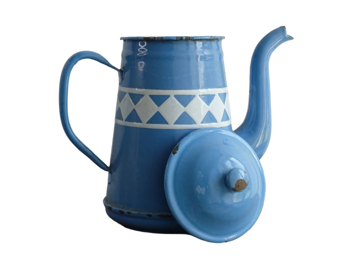 Vintage French Blue and White Enamel Teapot with Diamond Pattern Band