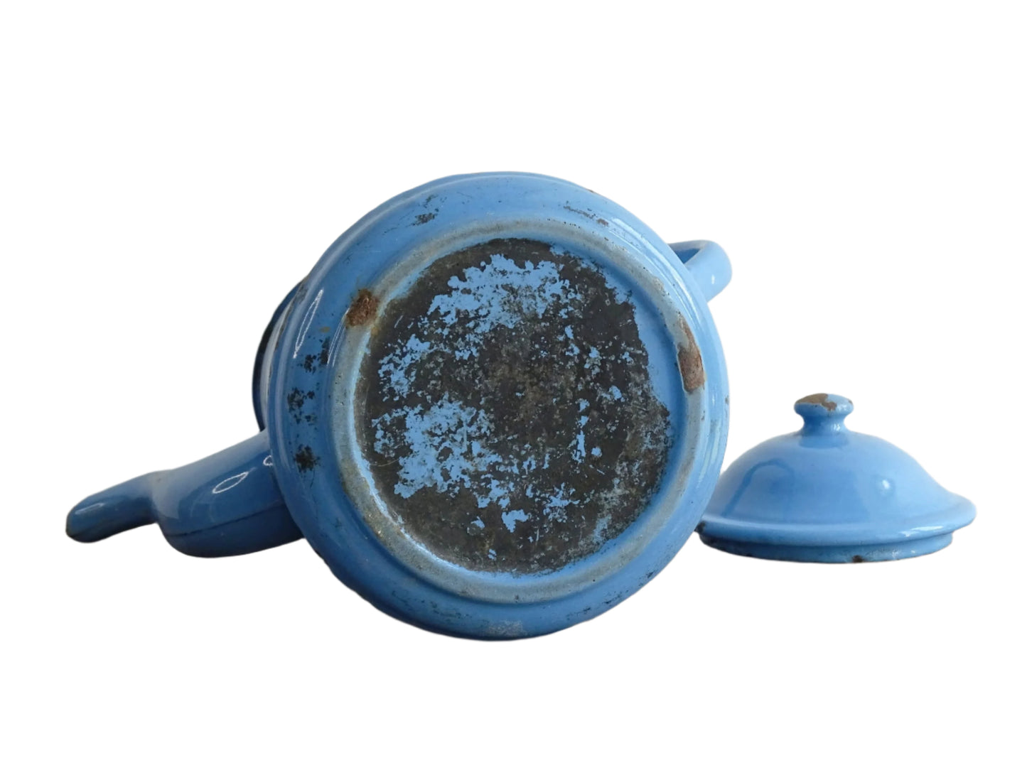 Vintage French Blue and White Enamel Teapot with Diamond Pattern Band