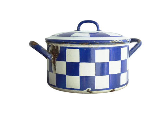 Vintage French Blue and White Enamel Casserole with Checks