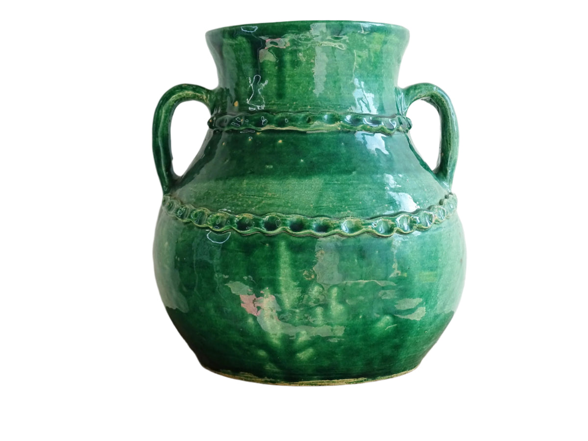 Large Vintage Beauronne Pottery Vase with Green Glaze. Baluster shape with two handles and applied design.