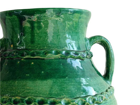 Large Vintage Beauronne Pottery Vase with Green Glaze. Baluster shape with two handles and applied design.