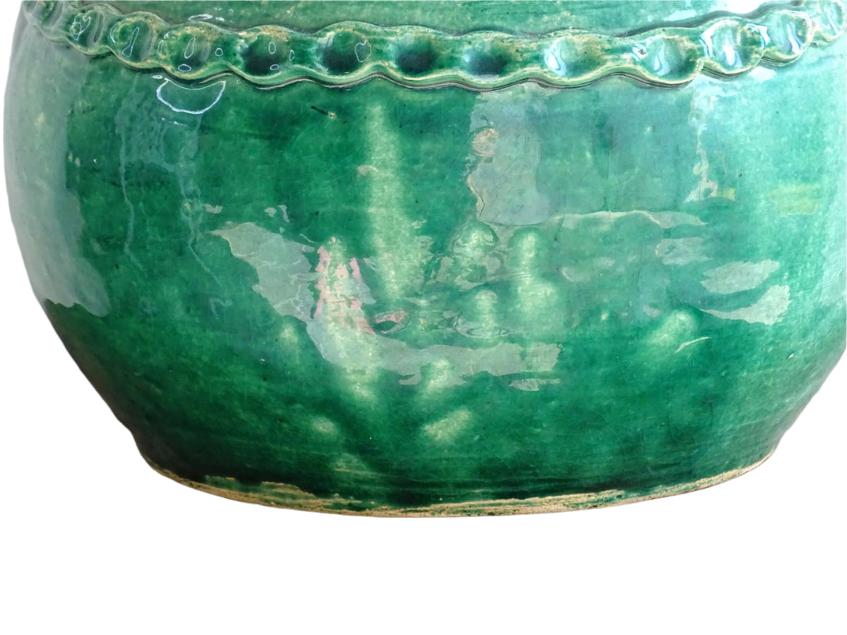 Large Vintage Beauronne Pottery Vase with Green Glaze. Baluster shape with two handles and applied design.