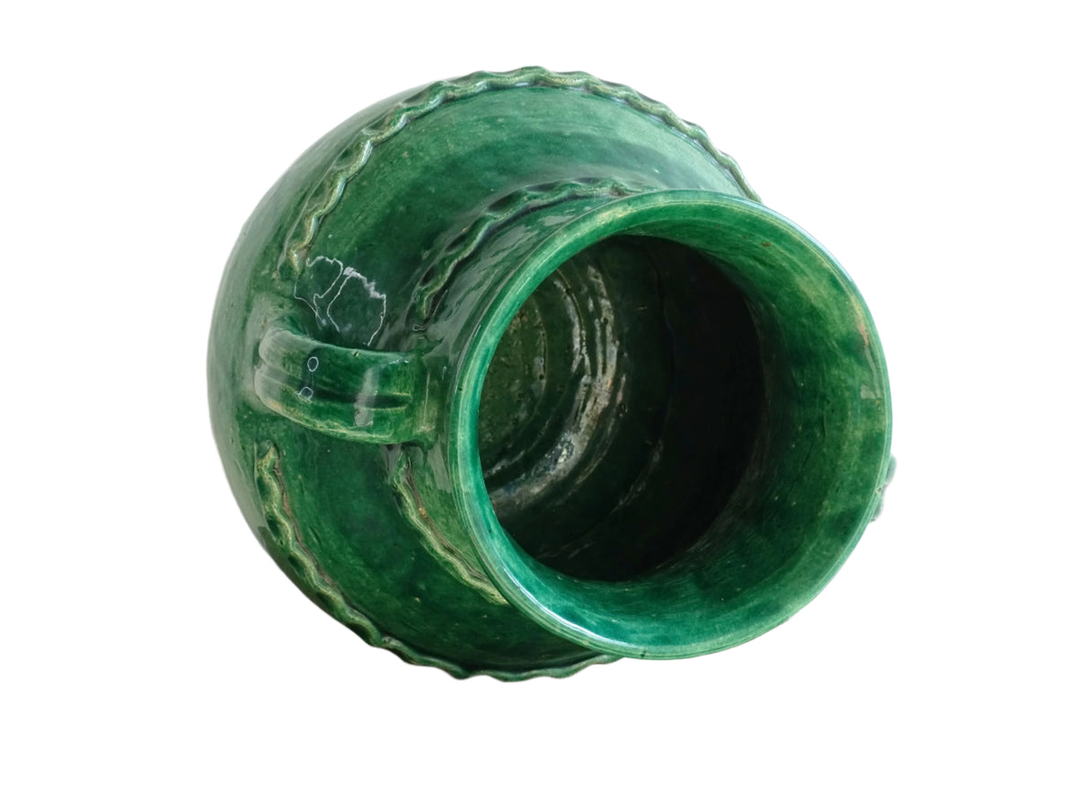 Large Vintage Beauronne Pottery Vase with Green Glaze. Baluster shape with two handles and applied design.