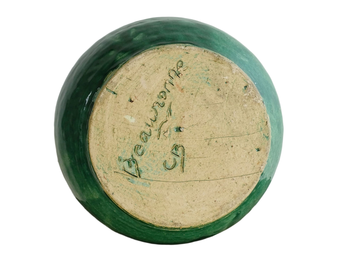 Large Vintage Beauronne Pottery Vase with Green Glaze. Baluster shape with two handles and applied design.