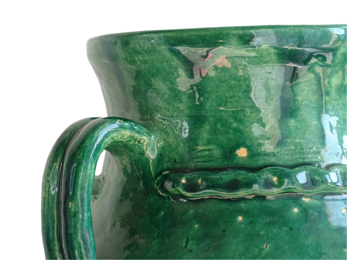 Large Vintage Beauronne Pottery Vase with Green Glaze. Baluster shape with two handles and applied design.