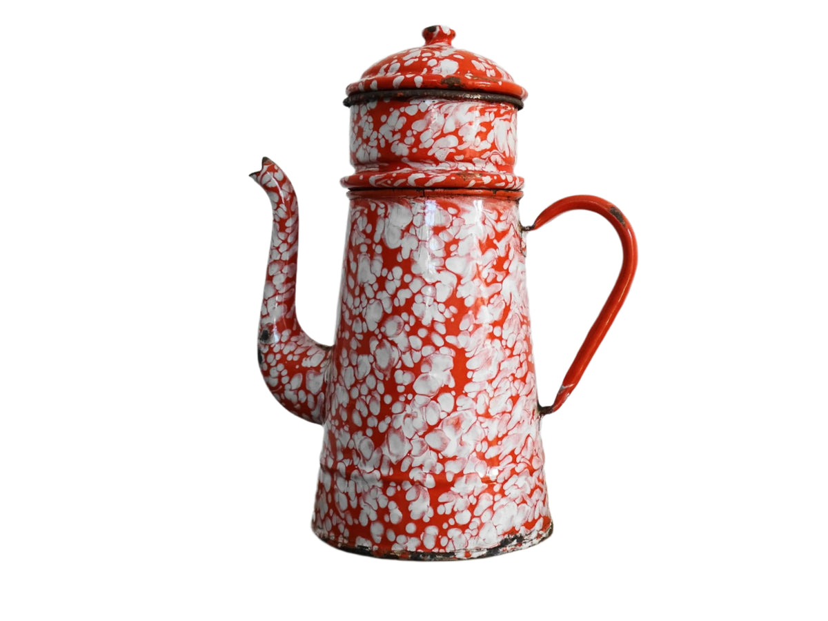 Vintage French Red and White Enamel Coffee Pot