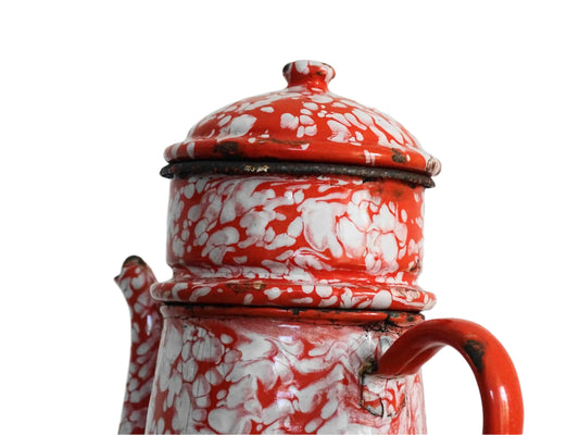 Vintage French Red and White Enamel Coffee Pot