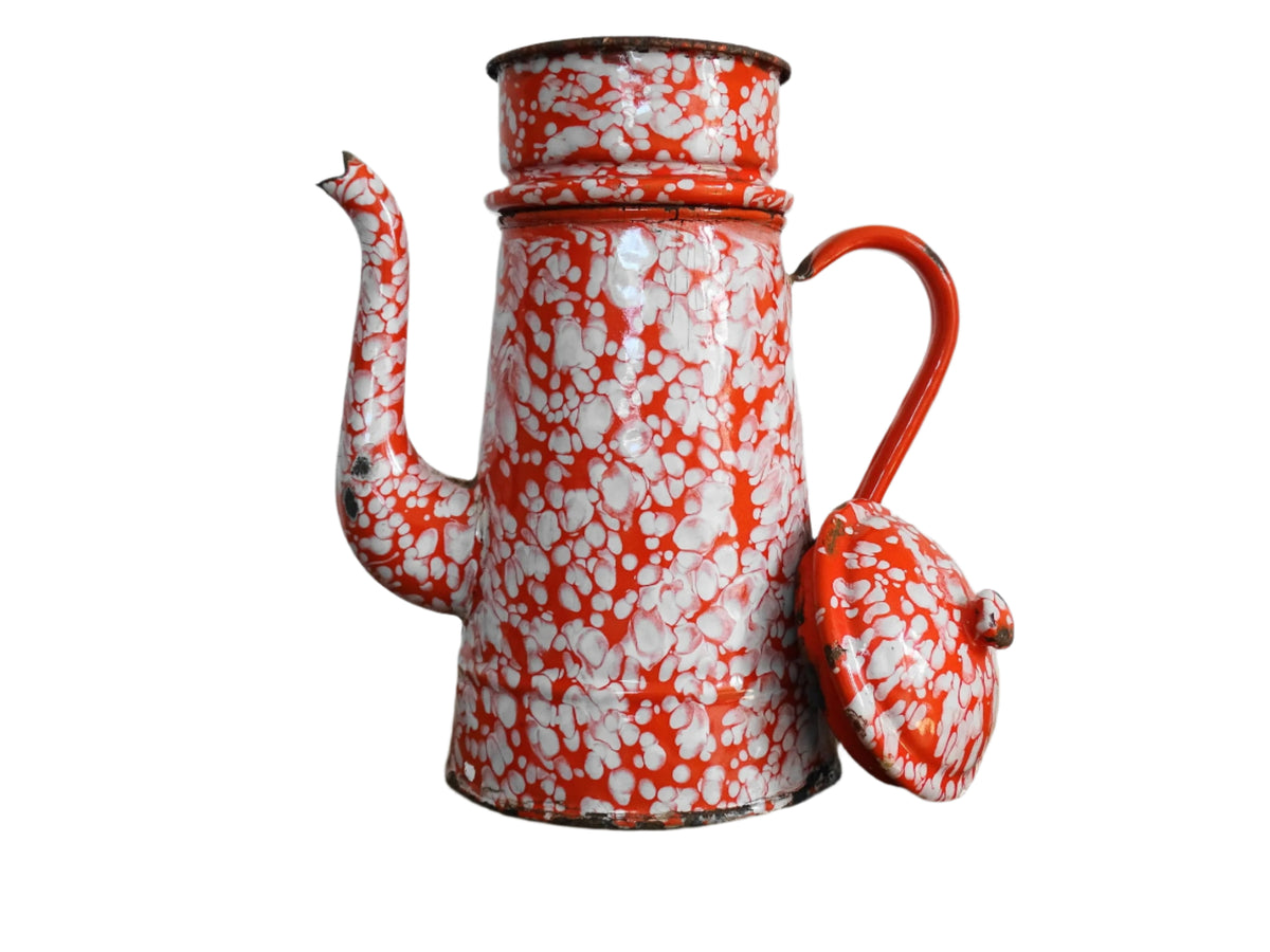 Vintage French Red and White Enamel Coffee Pot