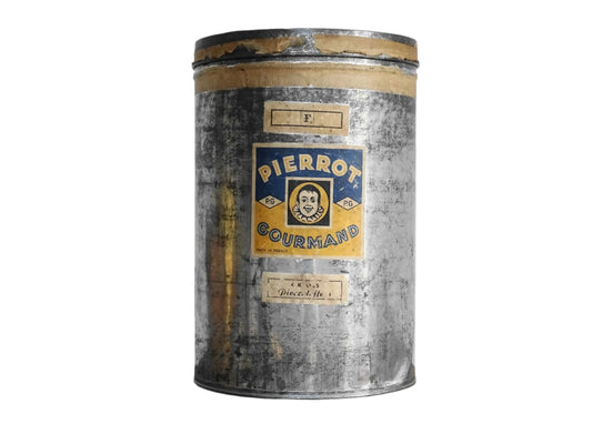 Vintage French Shop Display Pierrot Gourmand Tin, Silver Tin