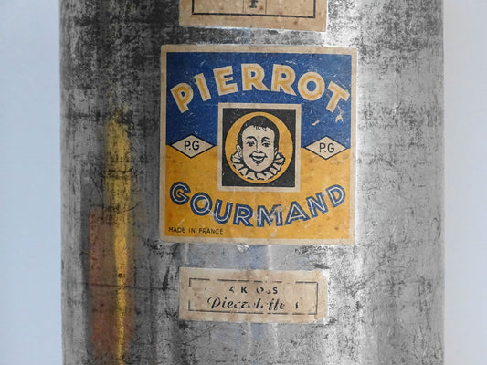 Vintage French Shop Display Pierrot Gourmand Tin, Silver Tin