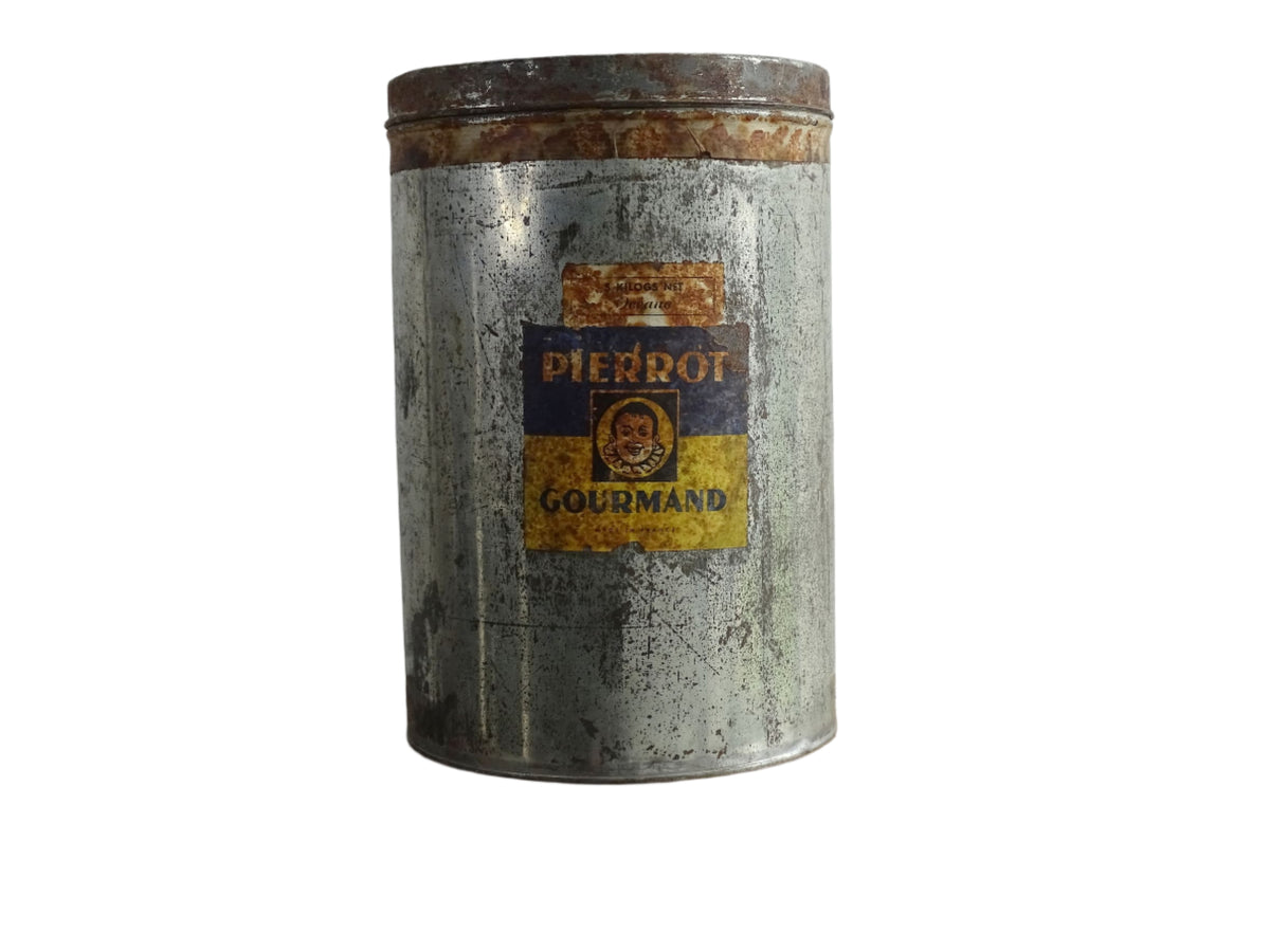 Vintage French Shop Display Pierrot Gourmand Tin, Silver Tin