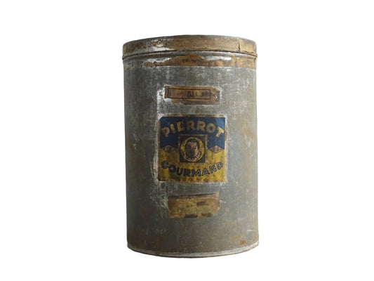 Vintage French Shop Display Pierrot Gourmand Tin, Silver Tin