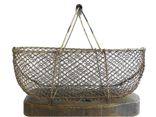 Vintage French Wire Harvest Basket with Wooden Handle