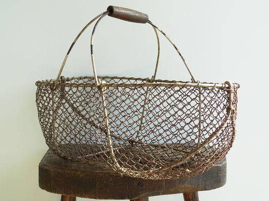 Vintage French Wire Harvest Basket with Wooden Handle