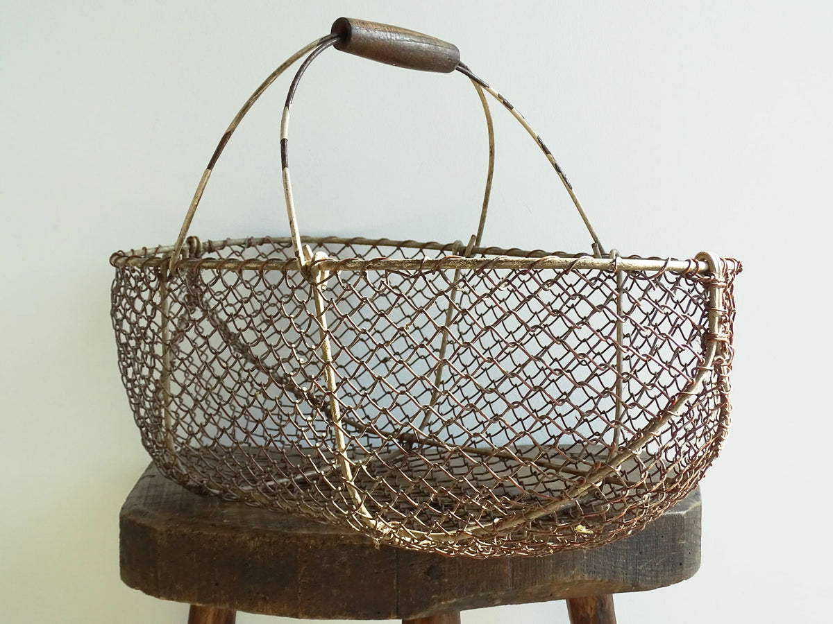 Vintage French Wire Harvest Basket with Wooden Handle