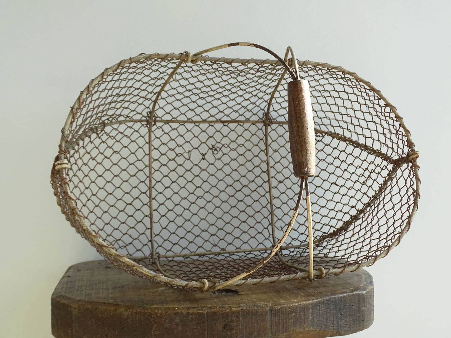 Vintage French Wire Harvest Basket with Wooden Handle