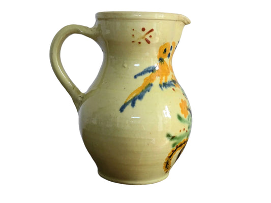 Vintage French Ceramic Hand-Painted Jug with Yellow Glaze and Flowers and Birds