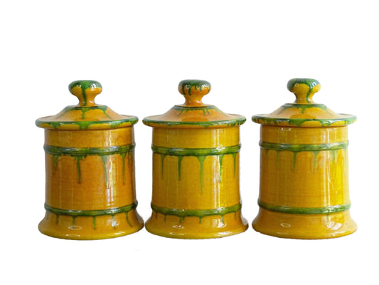 Vintage Set of Ceramic Cannisters by Italica Ars Glazed in Yellow and Green