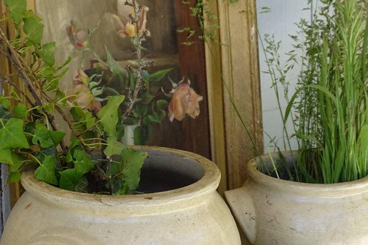 French Country Chic Decor: French antique still life painting and confit pots.