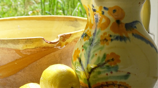 Antique and Vintage French Ceramics: Yellow Glaze Tian Bowl and Vintage French Hand-Painted Pitcher with Yellow Glaze