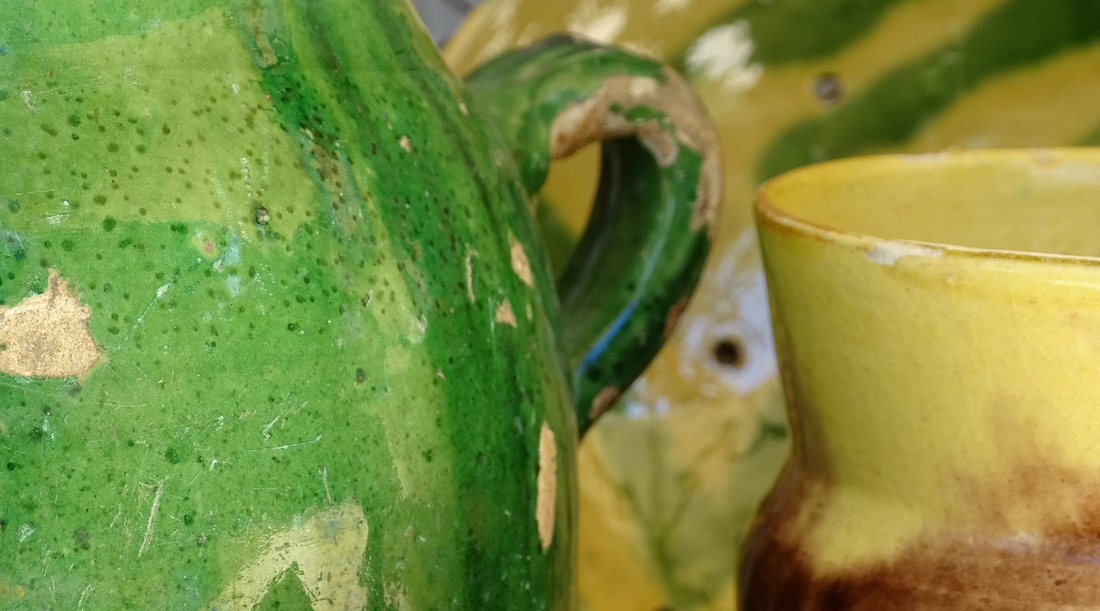 French antique glazed pottery in yellow and green