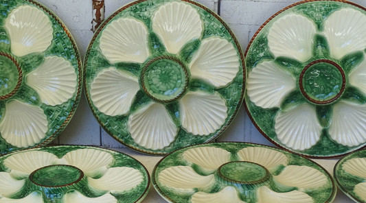 French Vintage Oyster Plates with Green Basketweave Design
