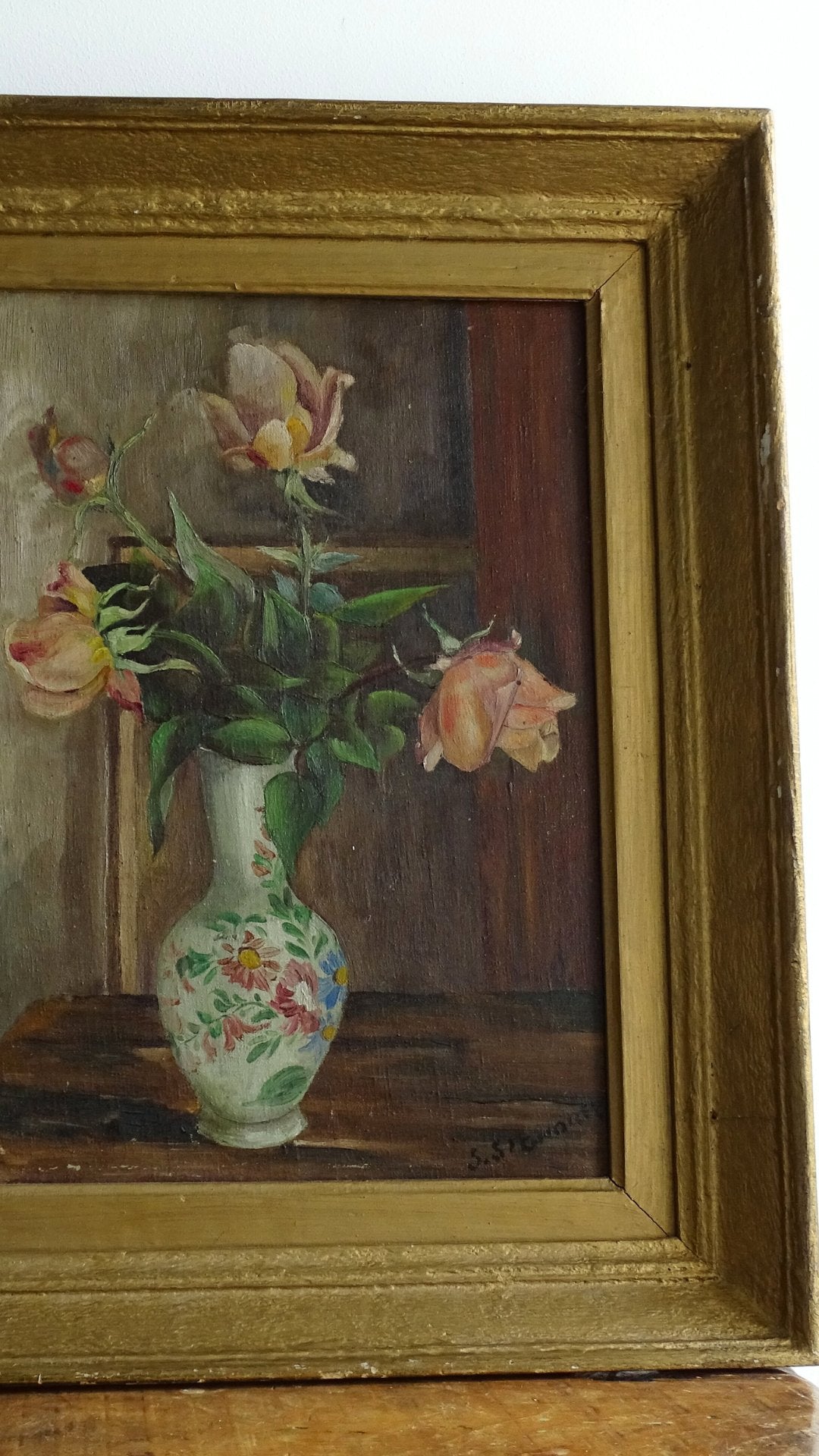 French antique still life of a vase of roses, framed in a gold frame