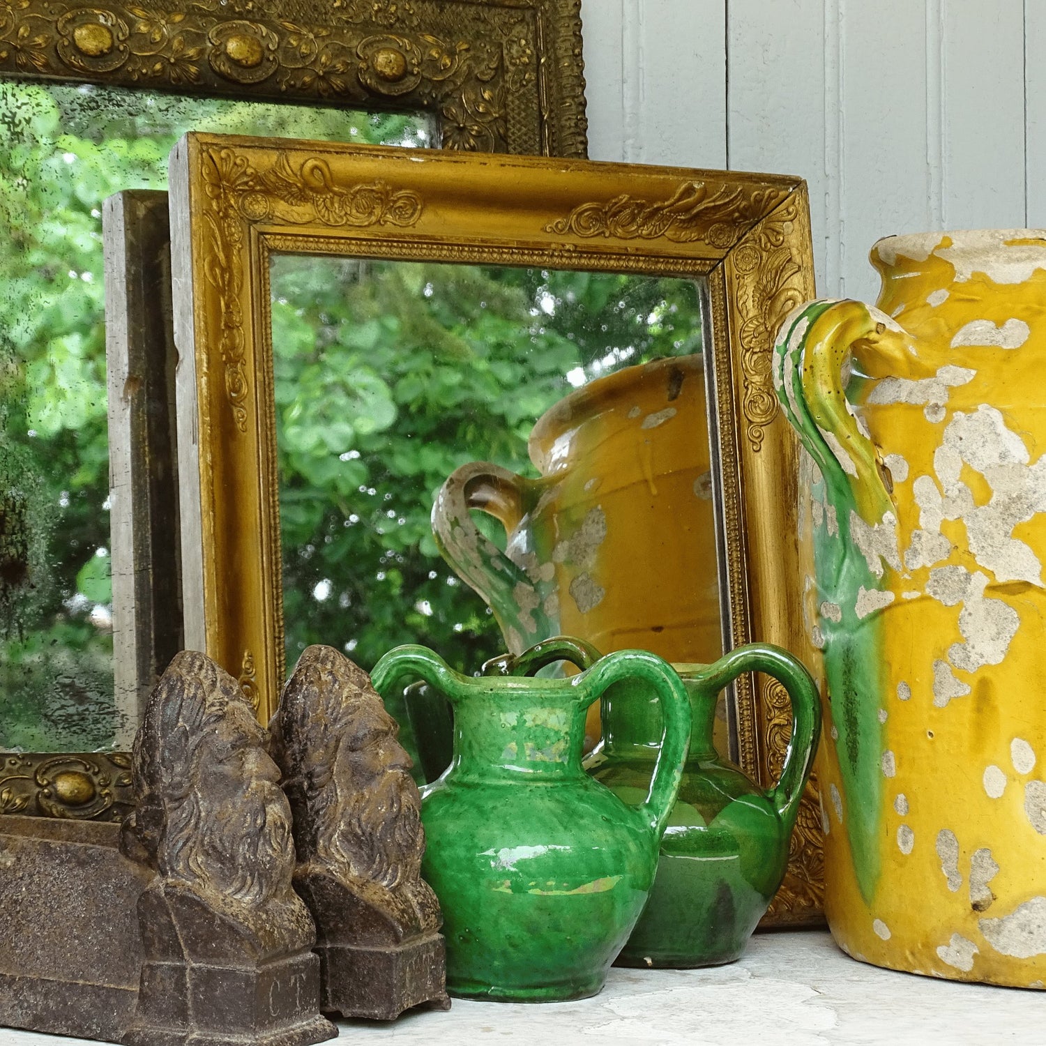 French antique mirrors with French antique pottery
