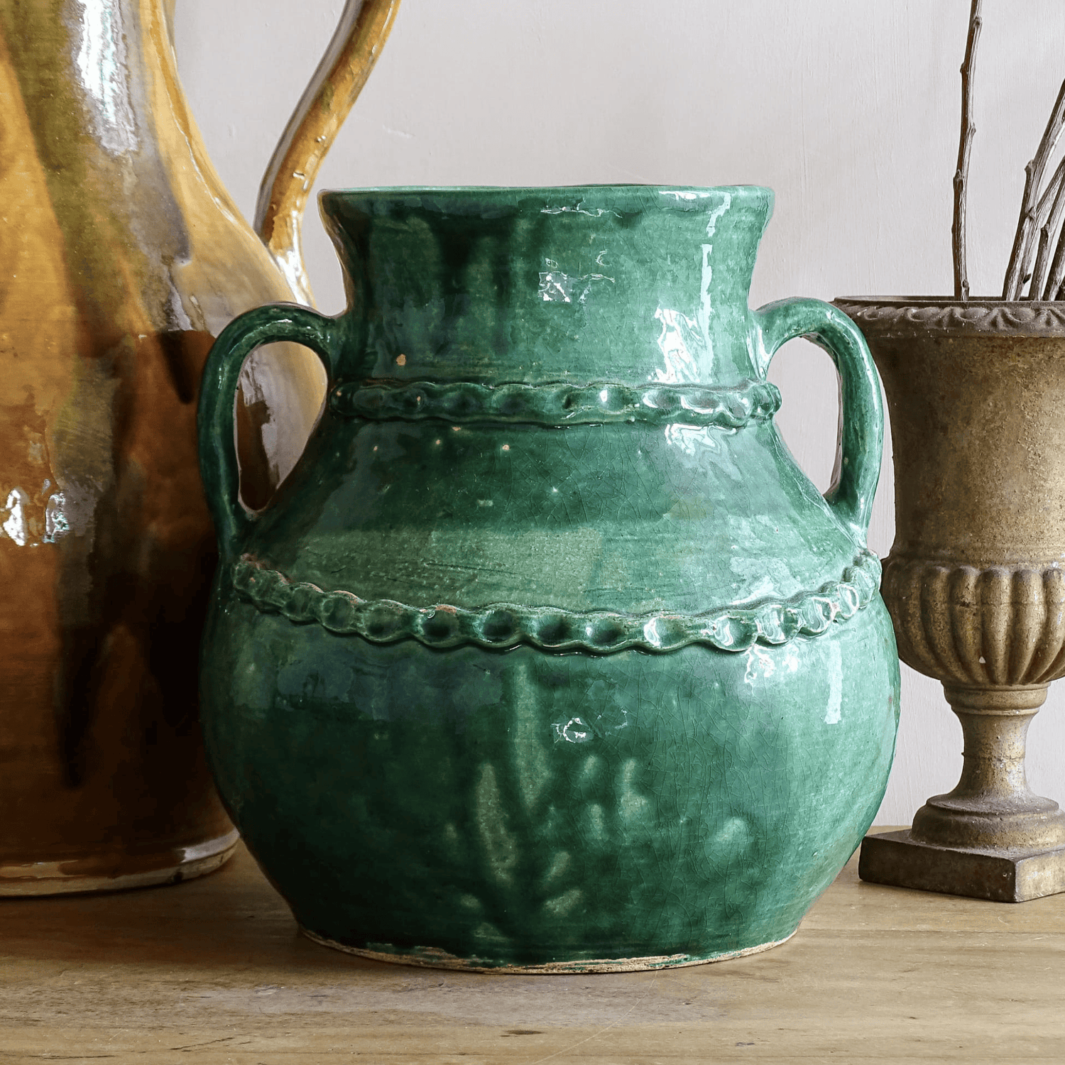 French vintage ceramic vase with green glaze