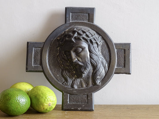 French vintage cross with Christ, religious wall plaque 