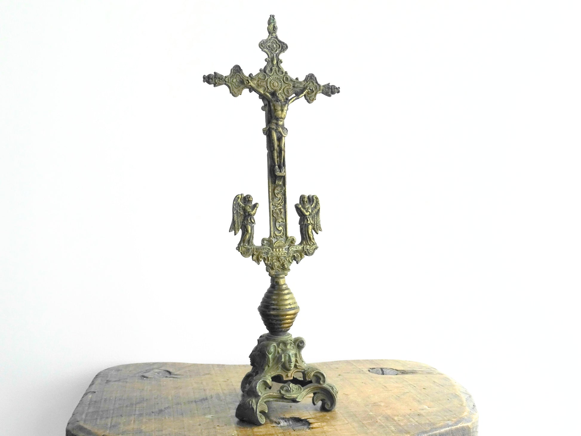 French antique brass altar cross 18th century, antique crucifix with ornate details. Brass altar crucifix with angels. 